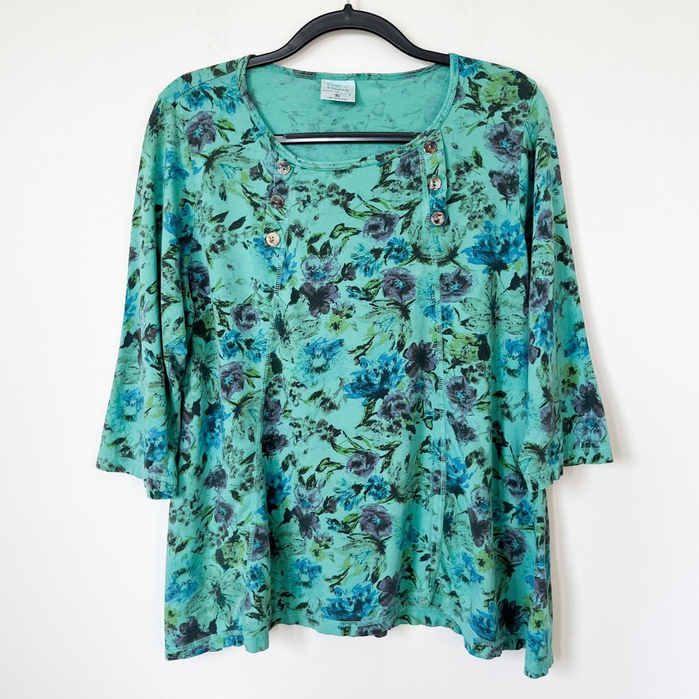 CMC Color Me Cotton Watercolor Floral 3/4 Sleeve Top Womens XL Teal Green